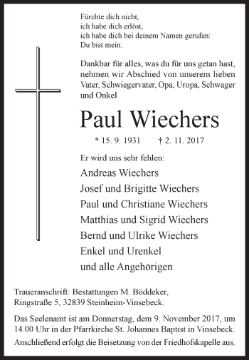 Traueranzeige von Paul Wiechers von Westfalen-Blatt