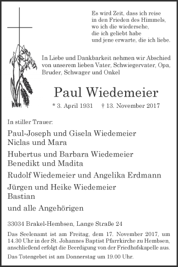 Traueranzeige von Paul Wiedemeier von Westfalen-Blatt