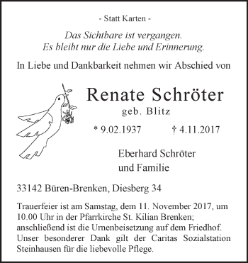 Traueranzeige von Renate Schröter von Westfalen-Blatt