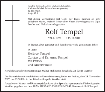 Traueranzeige von Rolf Tempel von Westfalen-Blatt