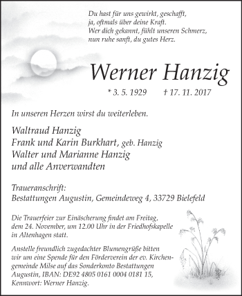 Traueranzeige von Werner Hanzig von Westfalen-Blatt