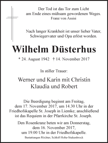 Traueranzeige von Wilhelm Düsterhus von Westfalen-Blatt