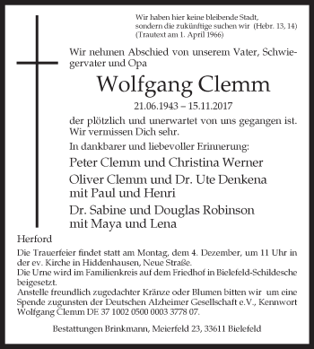 Traueranzeige von Wolfgang Clemm von Westfalen-Blatt