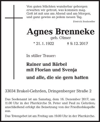 Traueranzeige von Agnes Brenneke von Westfalen-Blatt