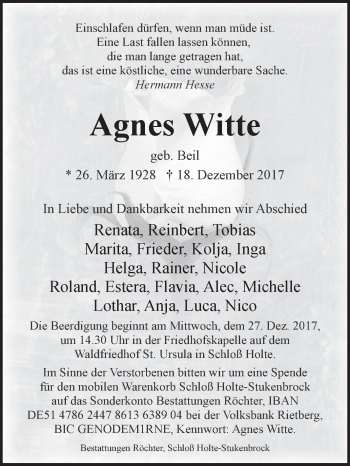 Traueranzeige von Agnes Witte von Westfalen-Blatt