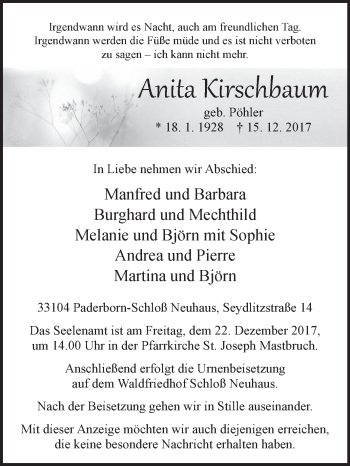 Traueranzeige von Anita Kirschbaum von Westfalen-Blatt