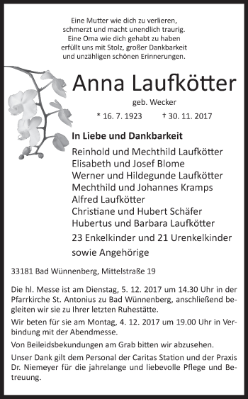 Traueranzeige von Anna Laufkötter von Westfalen-Blatt