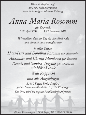 Traueranzeige von Anna Maria Rosomm von Westfalen-Blatt