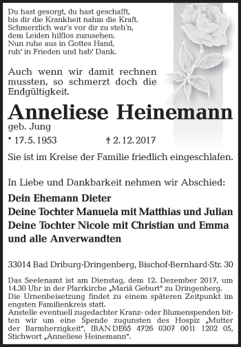 Traueranzeige von Anneliese Heinemann von Westfalen-Blatt