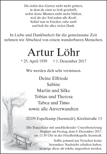 Traueranzeige von Artur Löhr von Westfalen-Blatt