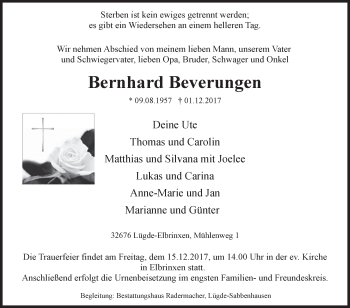 Traueranzeige von Bernhard Beverungen von Westfalen-Blatt