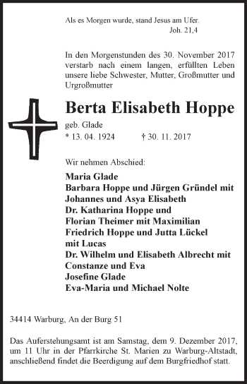 Traueranzeige von Berta Elisabeth Hoppe von Westfalen-Blatt