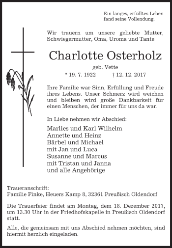 Traueranzeige von Charlotte Osterholz von Westfalen-Blatt