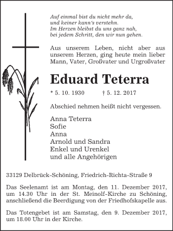 Traueranzeige von Eduard Teterra von Westfalen-Blatt