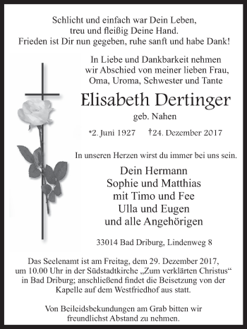 Traueranzeige von Elisabeth Dertinger von Westfalen-Blatt