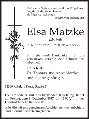 Traueranzeige von Elsa Matzke von Westfalen-Blatt