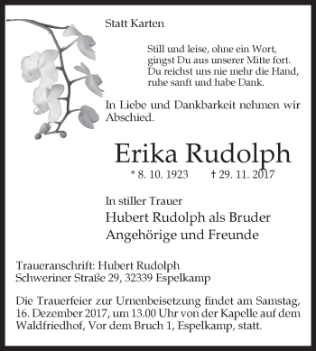 Traueranzeige von Erika Rudolph von Westfalen-Blatt