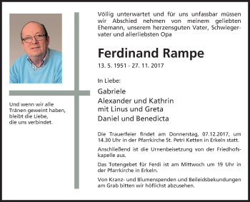 Traueranzeige von Ferdinand Rampe von Westfalen-Blatt