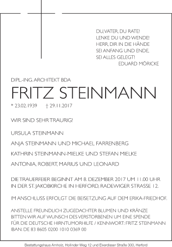 Traueranzeige von Fritz Steinmann von Westfalen-Blatt