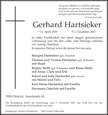 Traueranzeige von Gerhard Hartsieker von Westfalen-Blatt