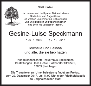 Traueranzeige von Gesine-Luise Speckmann von Westfalen-Blatt