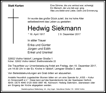 Traueranzeige von Hedwig Siekmann von Westfalen-Blatt