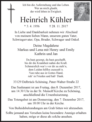 Traueranzeige von Heinrich Kühler von Westfalen-Blatt