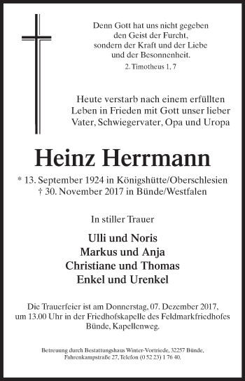 Traueranzeige von Heinz Herrmann von Westfalen-Blatt