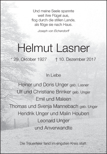 Traueranzeige von Helmut Lasner von Westfalen-Blatt