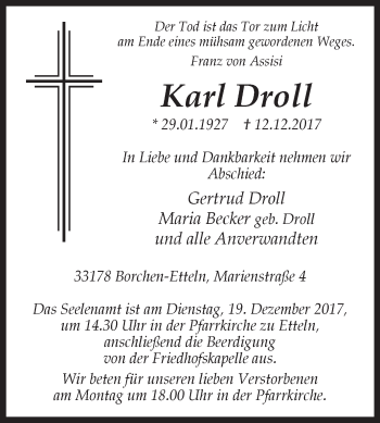 Traueranzeige von Karl Droll von Westfalen-Blatt