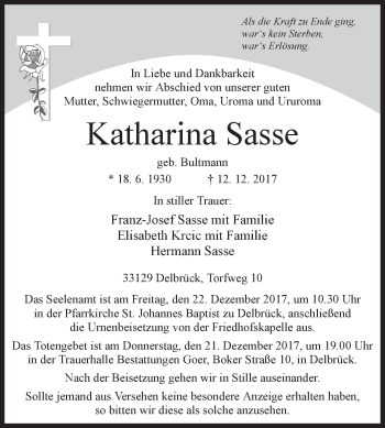 Traueranzeige von Katharina Sasse von Westfalen-Blatt