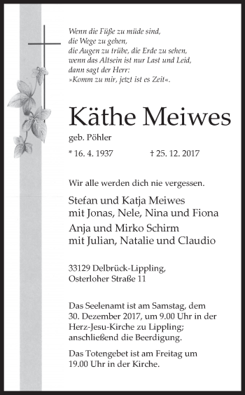 Traueranzeige von Käthe Meiwes von Westfalen-Blatt