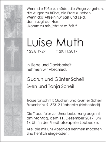 Traueranzeige von Luise Muth von Westfalen-Blatt