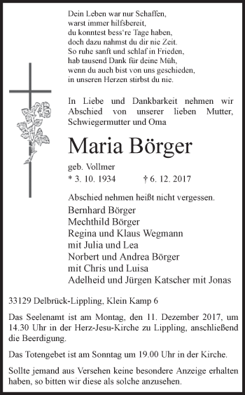 Traueranzeige von Maria Börger von Westfalen-Blatt