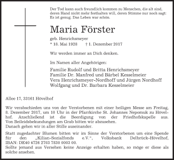 Traueranzeige von Maria Förster von Westfalen-Blatt