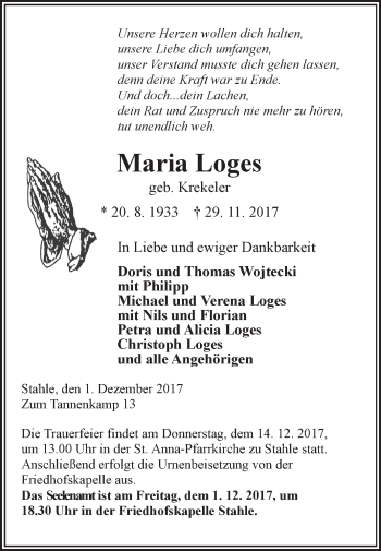 Traueranzeige von Maria Loges von Westfalen-Blatt