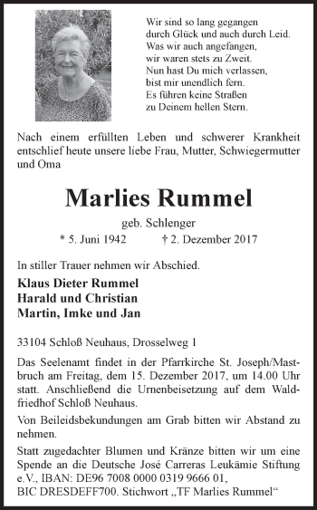 Traueranzeige von Marlies Rummel von Westfalen-Blatt