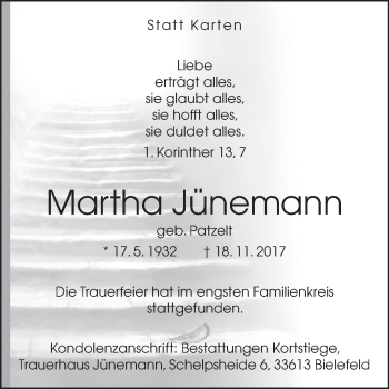 Traueranzeige von Martha Jünemann von Westfalen-Blatt