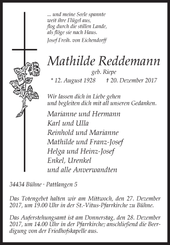 Traueranzeige von Mathilde Reddemann von Westfalen-Blatt