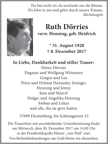 Traueranzeige von Ruth Dörries von Westfalen-Blatt