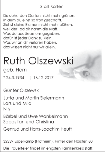 Traueranzeige von Ruth Olszewski von Westfalen-Blatt