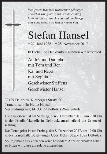 Traueranzeige von Stefan Hansel von Westfalen-Blatt