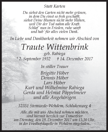 Traueranzeige von Traute Wittenbrink von Westfalen-Blatt