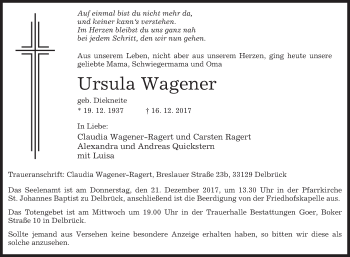 Traueranzeige von Ursula Wagener von Westfalen-Blatt