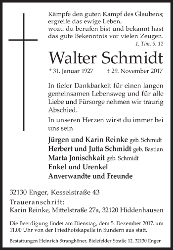 Traueranzeige von Walter Schmidt von Westfalen-Blatt