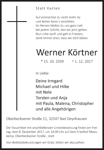 Traueranzeige von Werner Körtner von Westfalen-Blatt