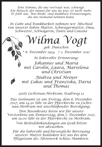 Traueranzeige von Wilma Vogt von Westfalen-Blatt