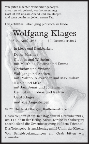 Traueranzeige von Wolfgang Klages von Westfalen-Blatt