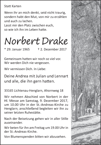 Traueranzeige von Norbert Drake 