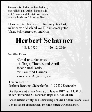 Traueranzeige von Herbert Scharner von Westfalen-Blatt